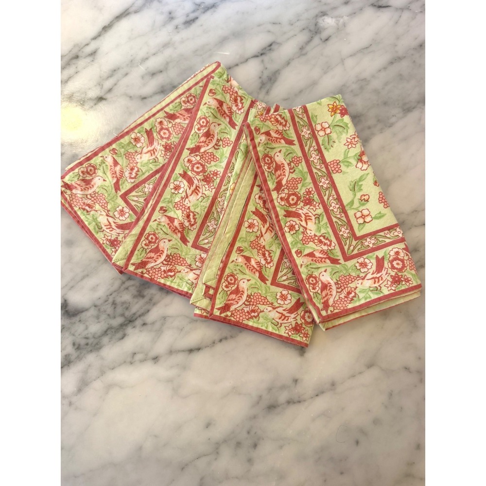 Vintage April Cornell Set of 4 Cotton Napkins Green Pink Floral Bird Print Boho
